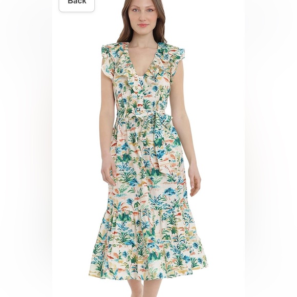 Donna Morgan Watercolor Print Ruffle Neck Tiered Dress w Pockets & Ruffle Hem - Picture 2 of 16